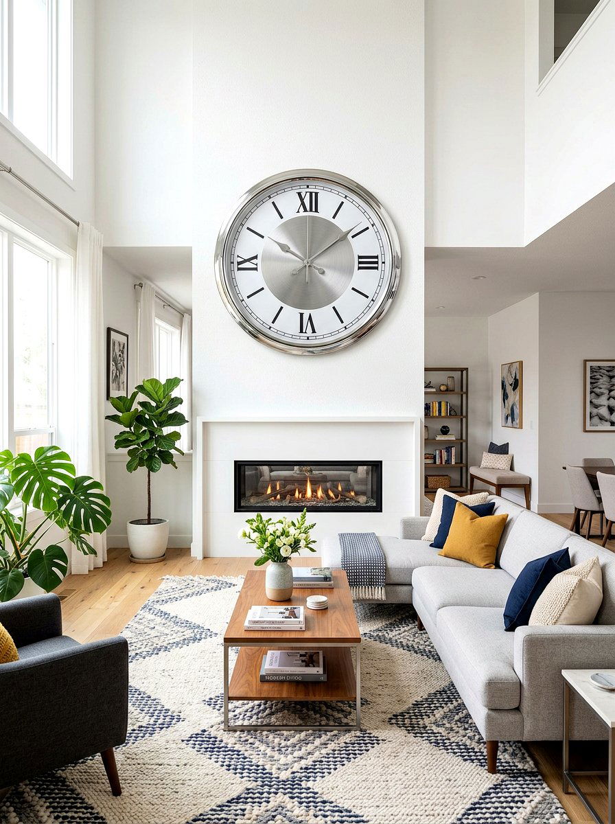 Silver Wall Clock - 30 chrome aesthetic living room ideas