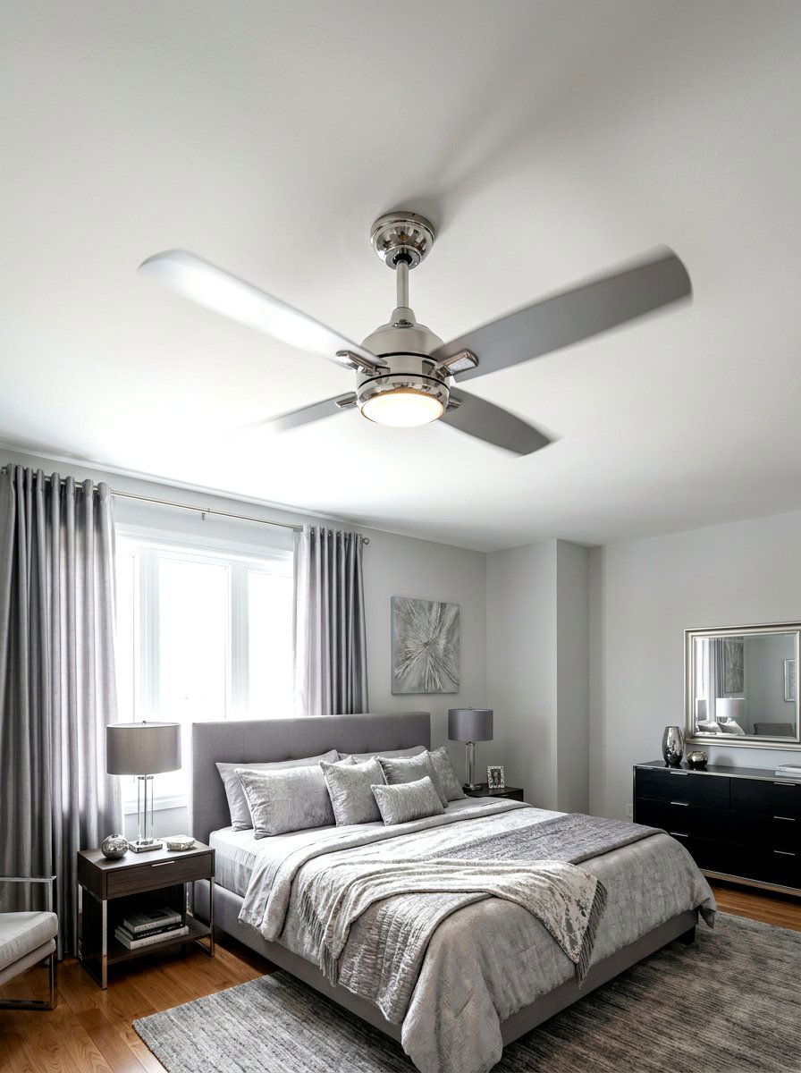 Silver accent ceiling fan - 30 silver chrome bedroom ideas