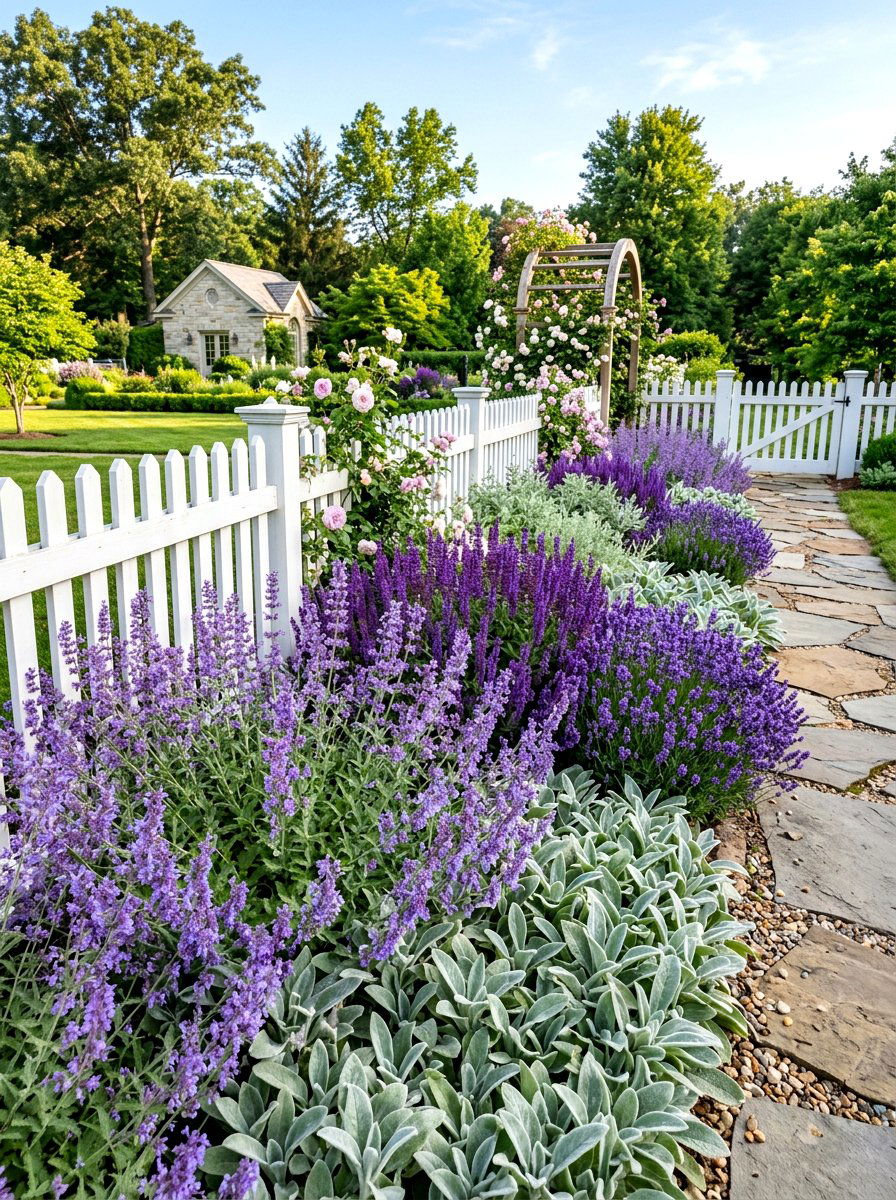 Silver and purple theme border - 30 border planting ideas along fence