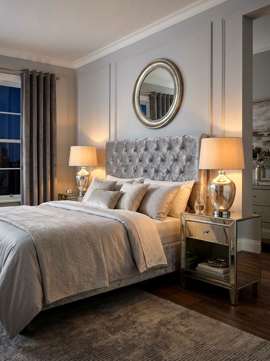 Silver glass bedside lamps - 30 silver chrome bedroom ideas