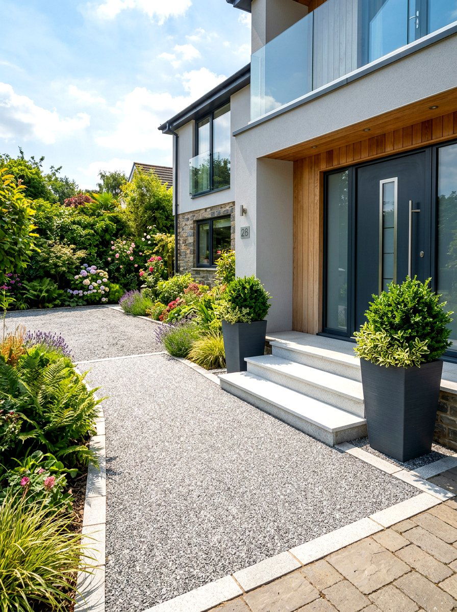 Silver granite gravel entrance - 30 gravel border garden ideas