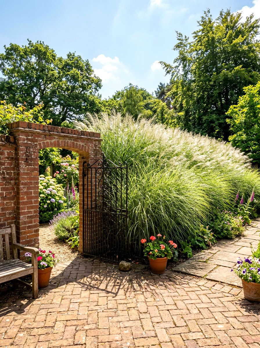 Silver grass tall garden hedge - 30 ornamental grass border ideas