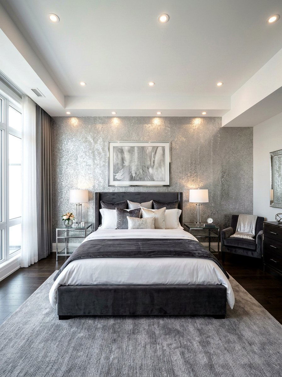 Silver metallic accent wall bedroom - 30 futuristic glam bedroom ideas