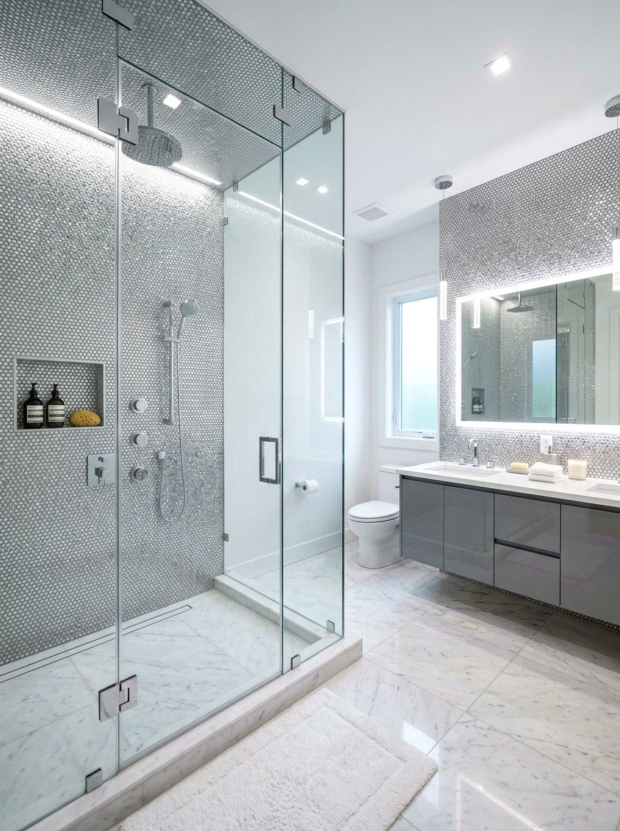 Silver penny tile walls - 30 penny tile bathroom ideas