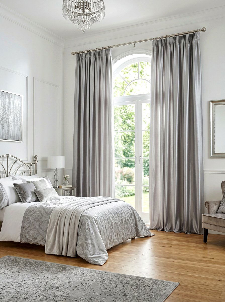 Silver satin curtains - 30 silver chrome bedroom ideas