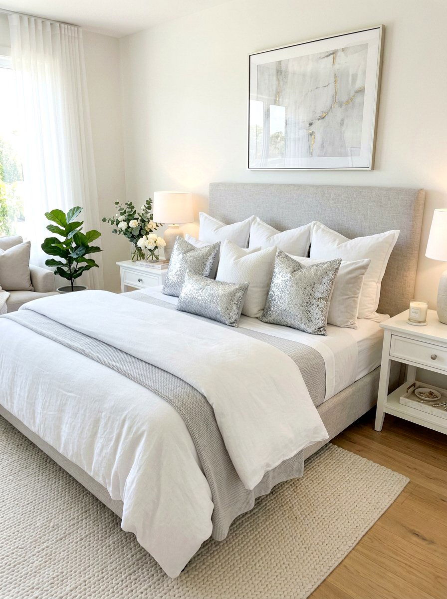 Silver sequin accent pillows - 30 silver chrome bedroom ideas