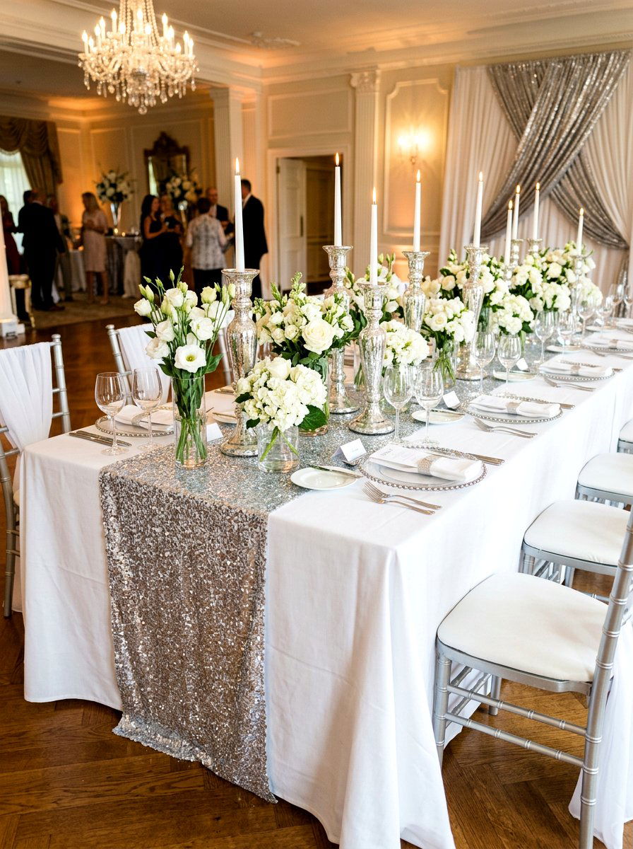 Silver sequin table runner - 30 New Year table decor ideas