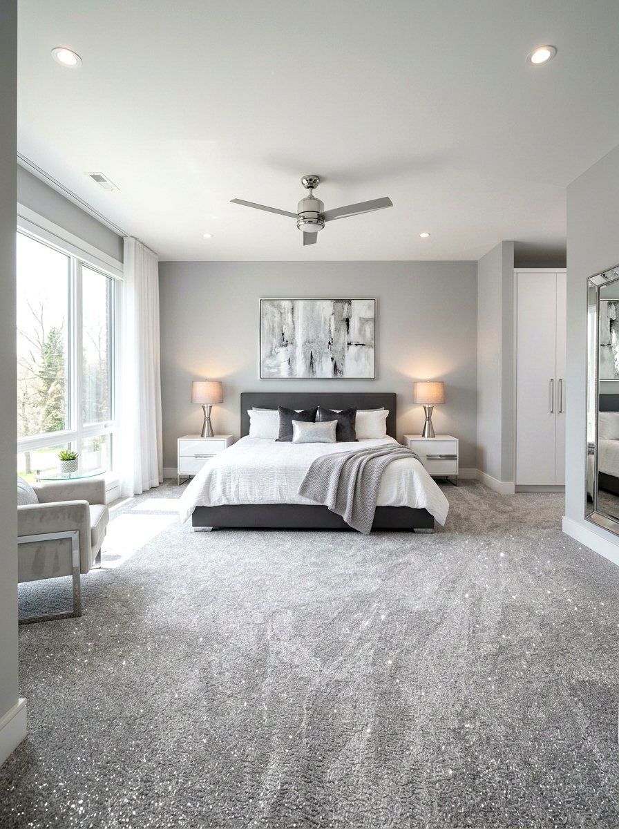 Silver sparkle carpet - 30 silver chrome bedroom ideas