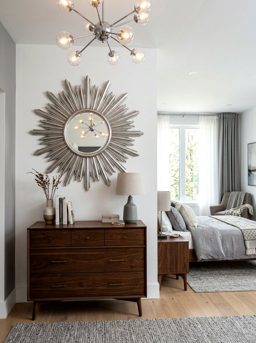 Silver sunburst wall mirror - 30 silver chrome bedroom ideas