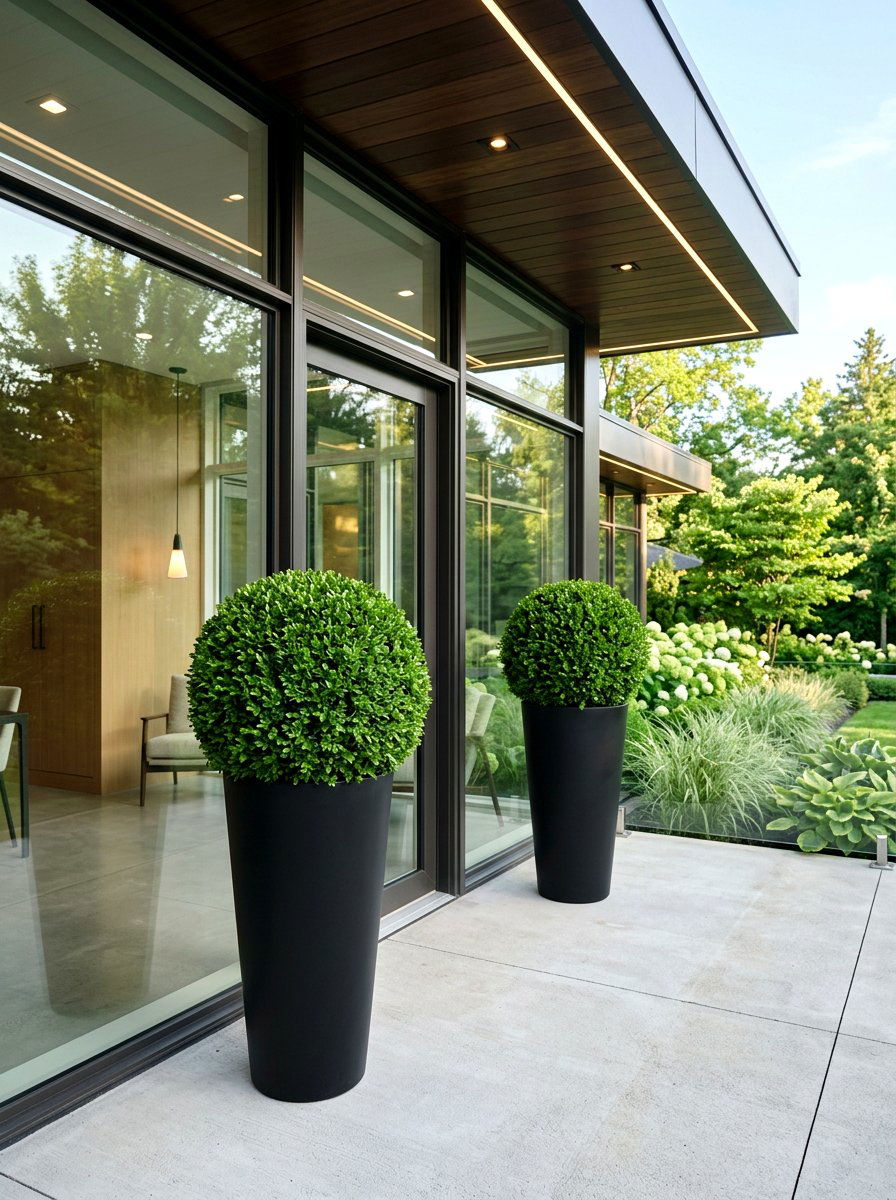 Simple Boxwood Topiary Pots - 30 porch planter arrangement ideas for summer