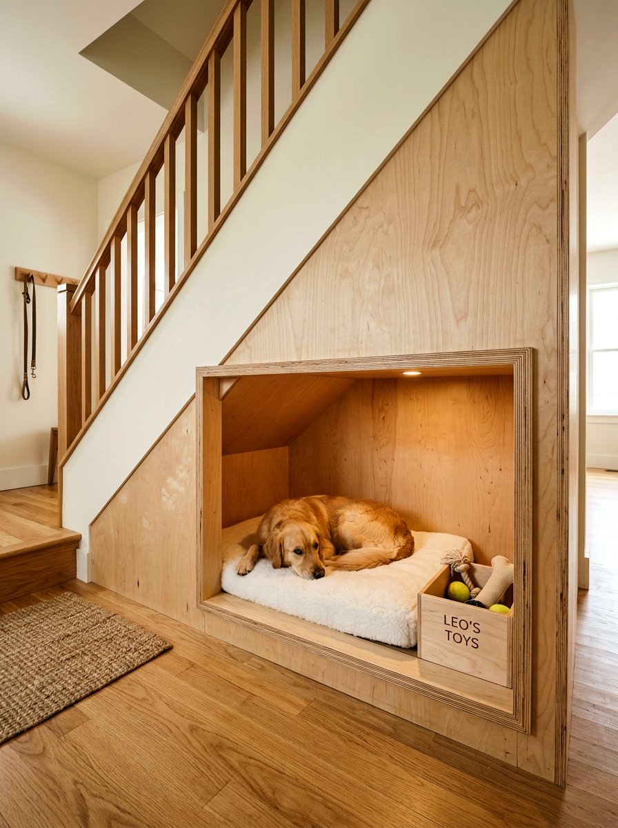 Simple Plywood Dog Nook - 30 under stairs dog nook ideas