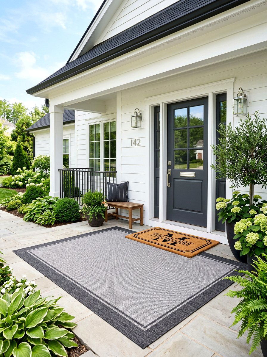 Simple gray border rug - 30 porch doormat layering ideas