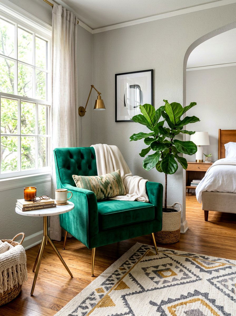 Single velvet armchair - 30 bedroom alcove seating ideas