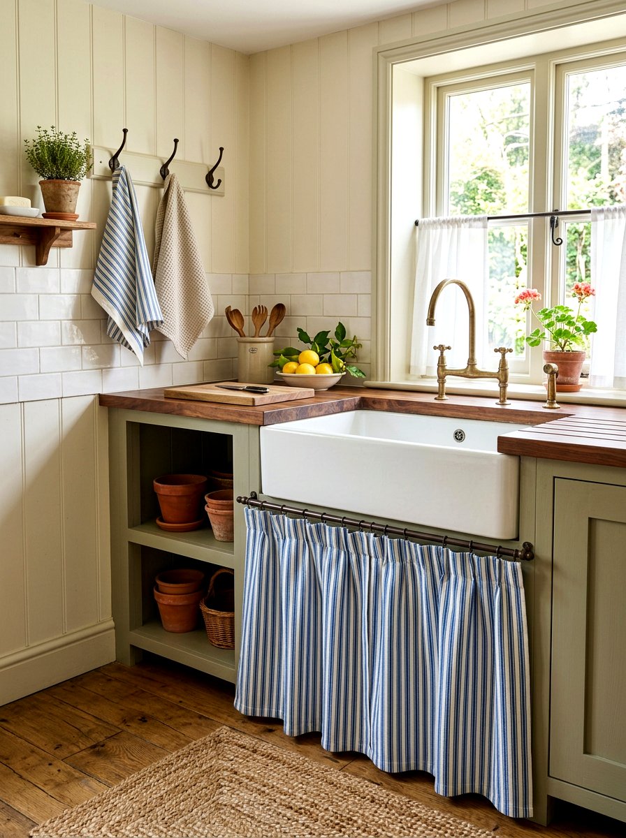 Sink Base Fabric Curtain - 30 vintage cottage kitchen ideas