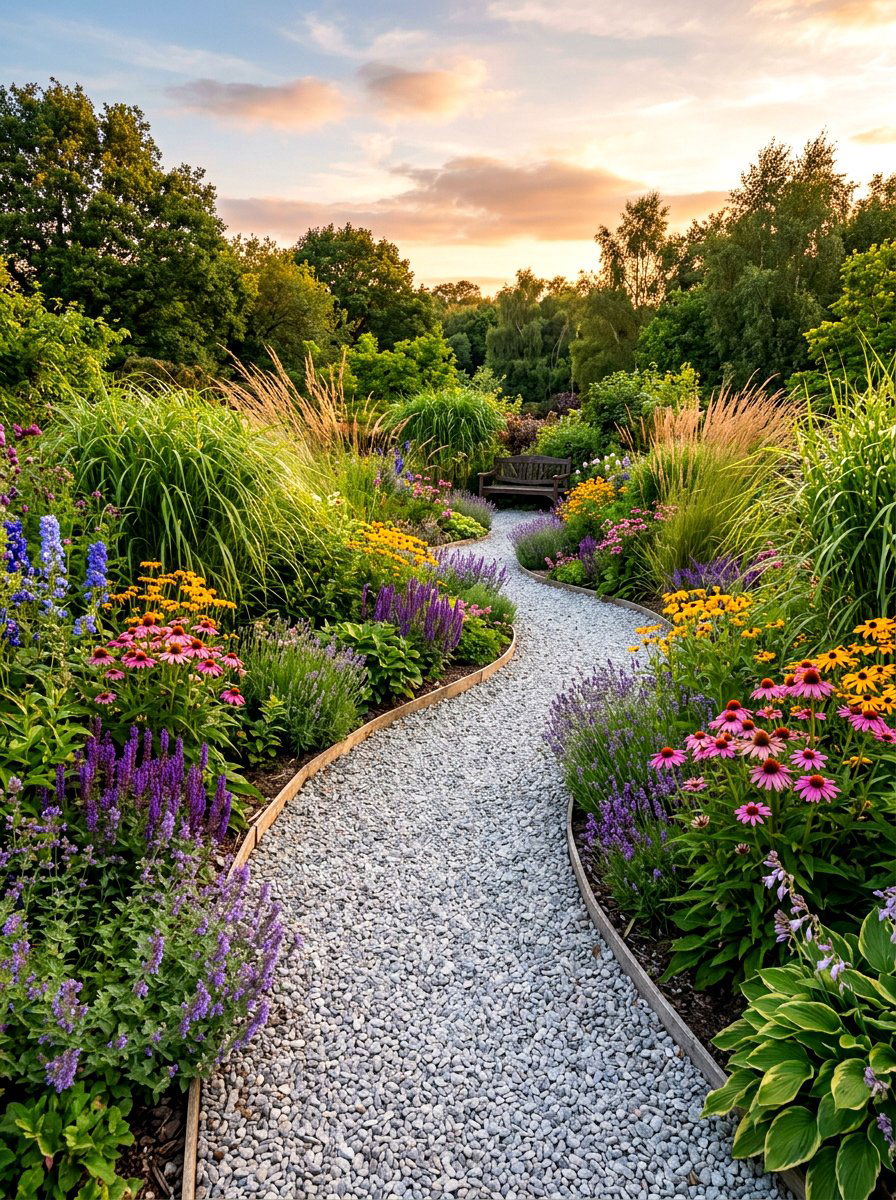 Sinuous curved gravel garden trail - 30 gravel border garden ideas