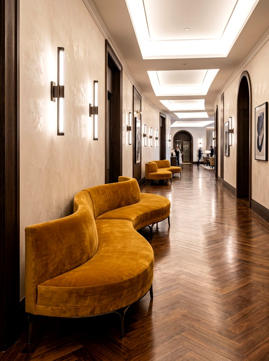 Sinuous velvet hallway bench - 30 sculptural entry bench ideas