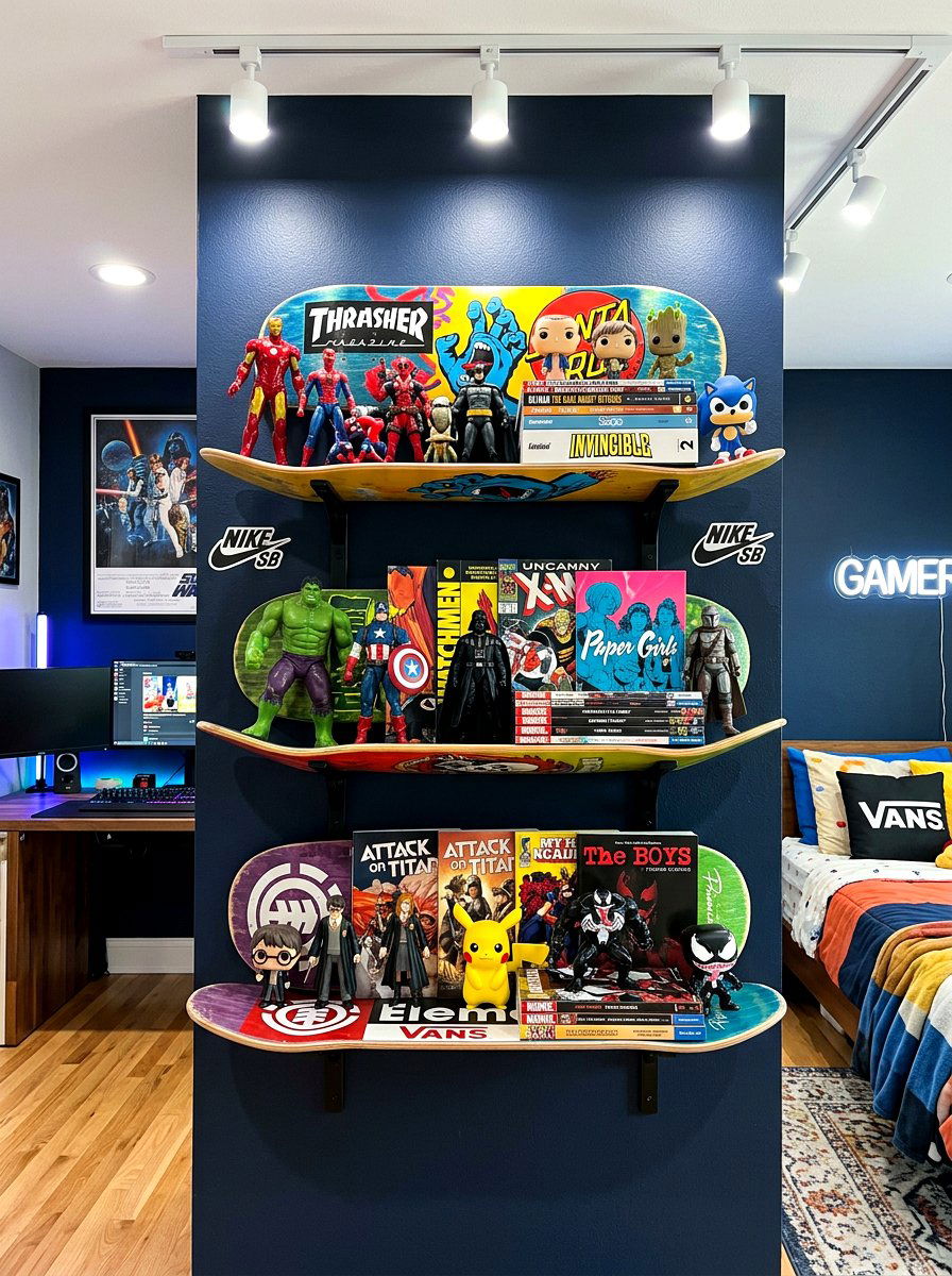Skateboard Deck Wall Shelf - 30 playroom bookshelf ideas