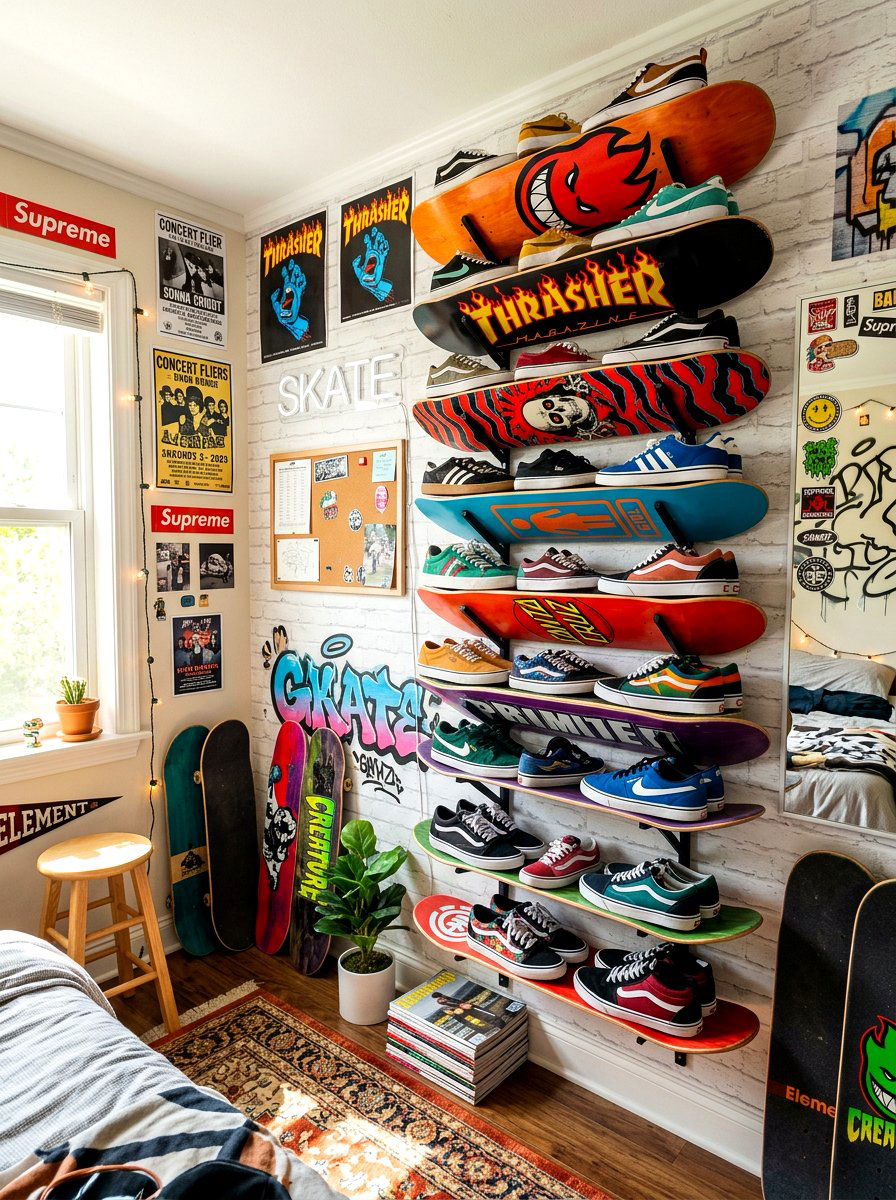 Skateboard Shoe Shelf - 30 shoe wall storage ideas