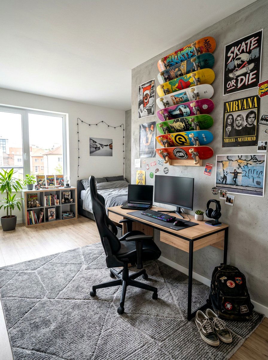 Skateboard wall rack - 30 teen hangout room ideas