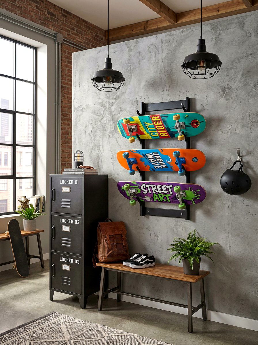 Skateboard wall rack - 30 boys bedroom decor ideas
