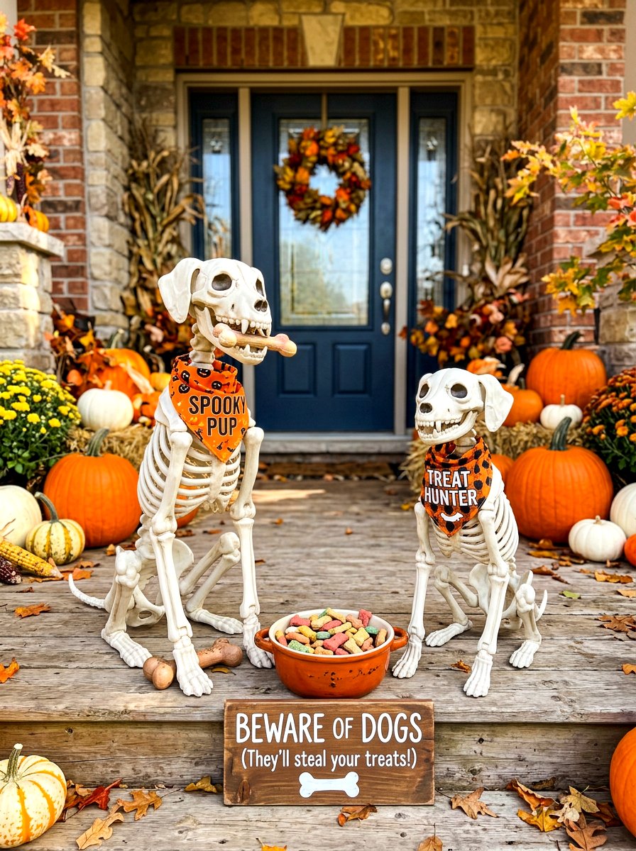Skeleton Dog Porch Display - 30 Halloween porch ideas
