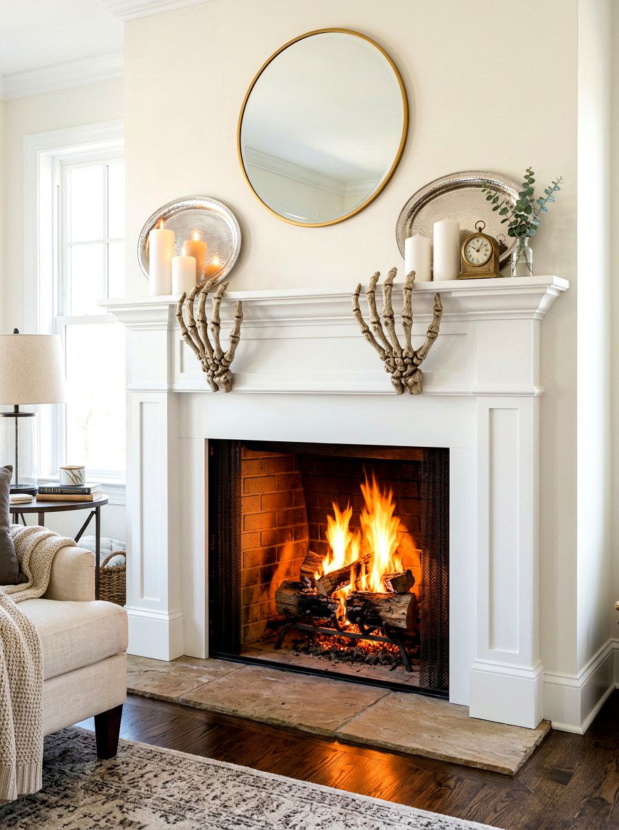Skeleton Hand Fireplace - 30 Halloween mantel decor ideas