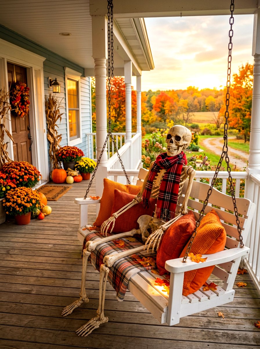 Skeleton Sitting On Porch Swing - 30 Halloween porch ideas