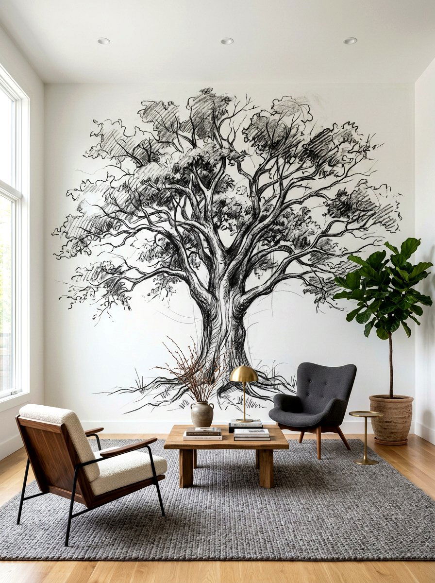 Sketch Style Tree Mural - 30 woodland wall mural nursery ideas