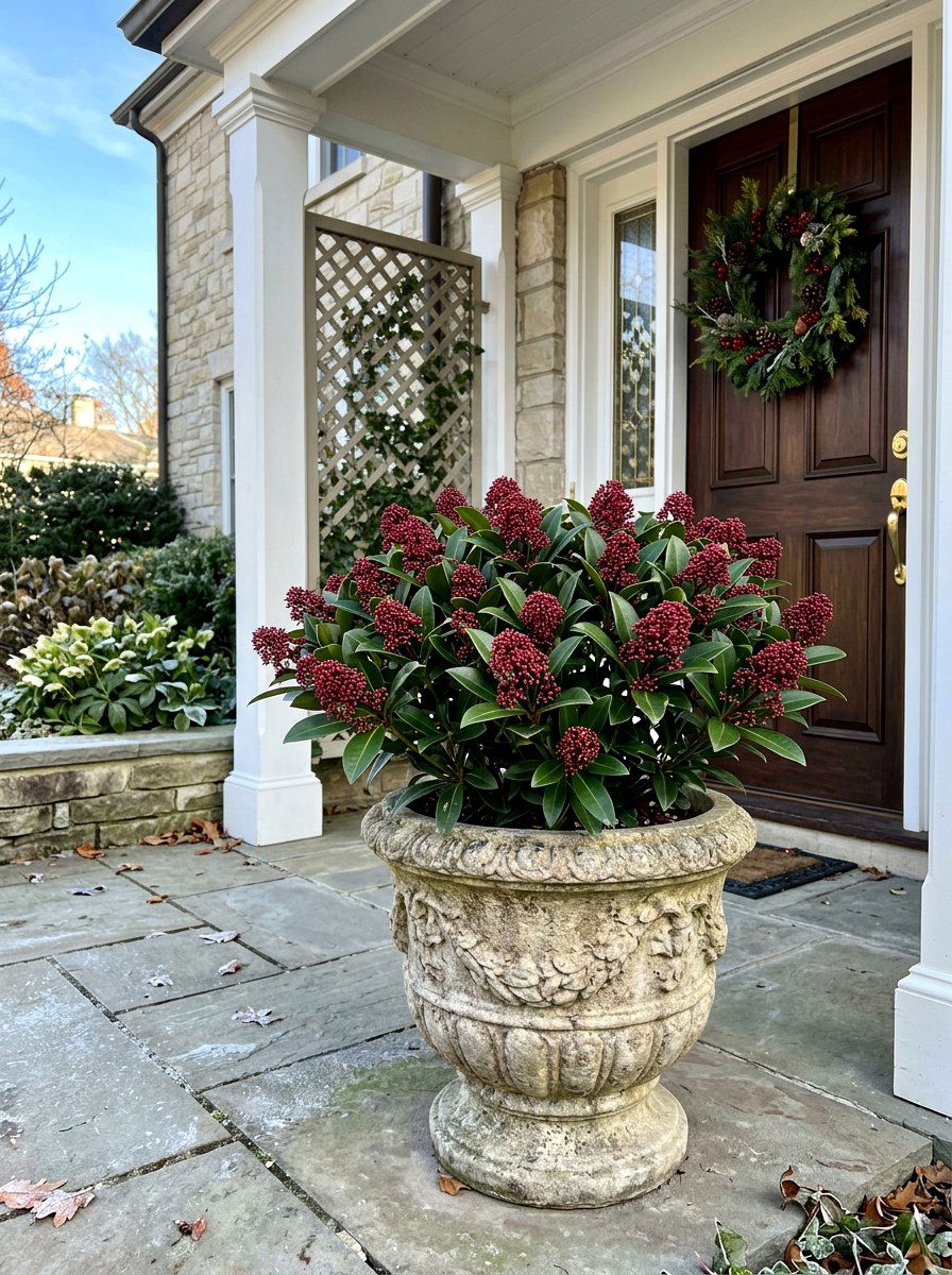 Skimmia Japonica Container - 30 winter porch planter ideas