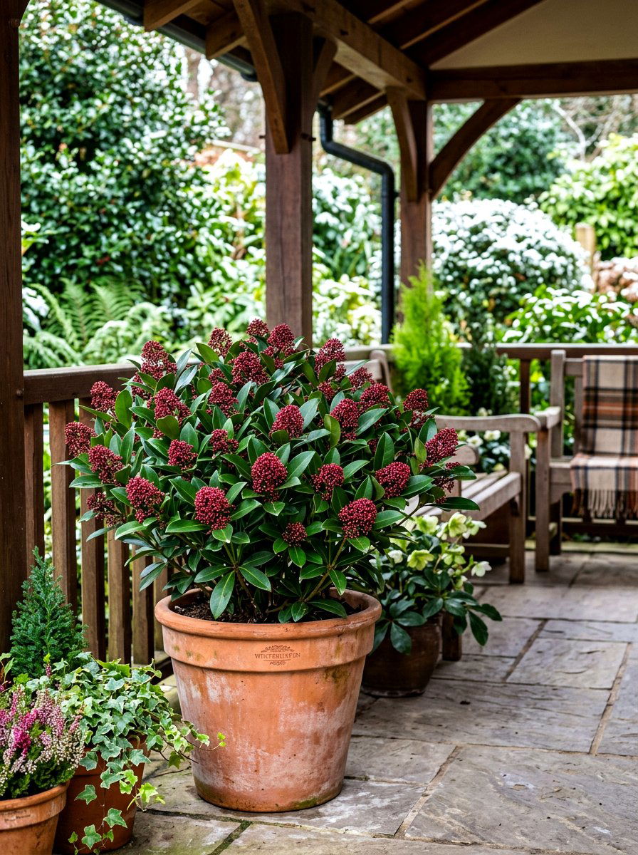 Skimmia Winter Garden - 30 winter container garden ideas