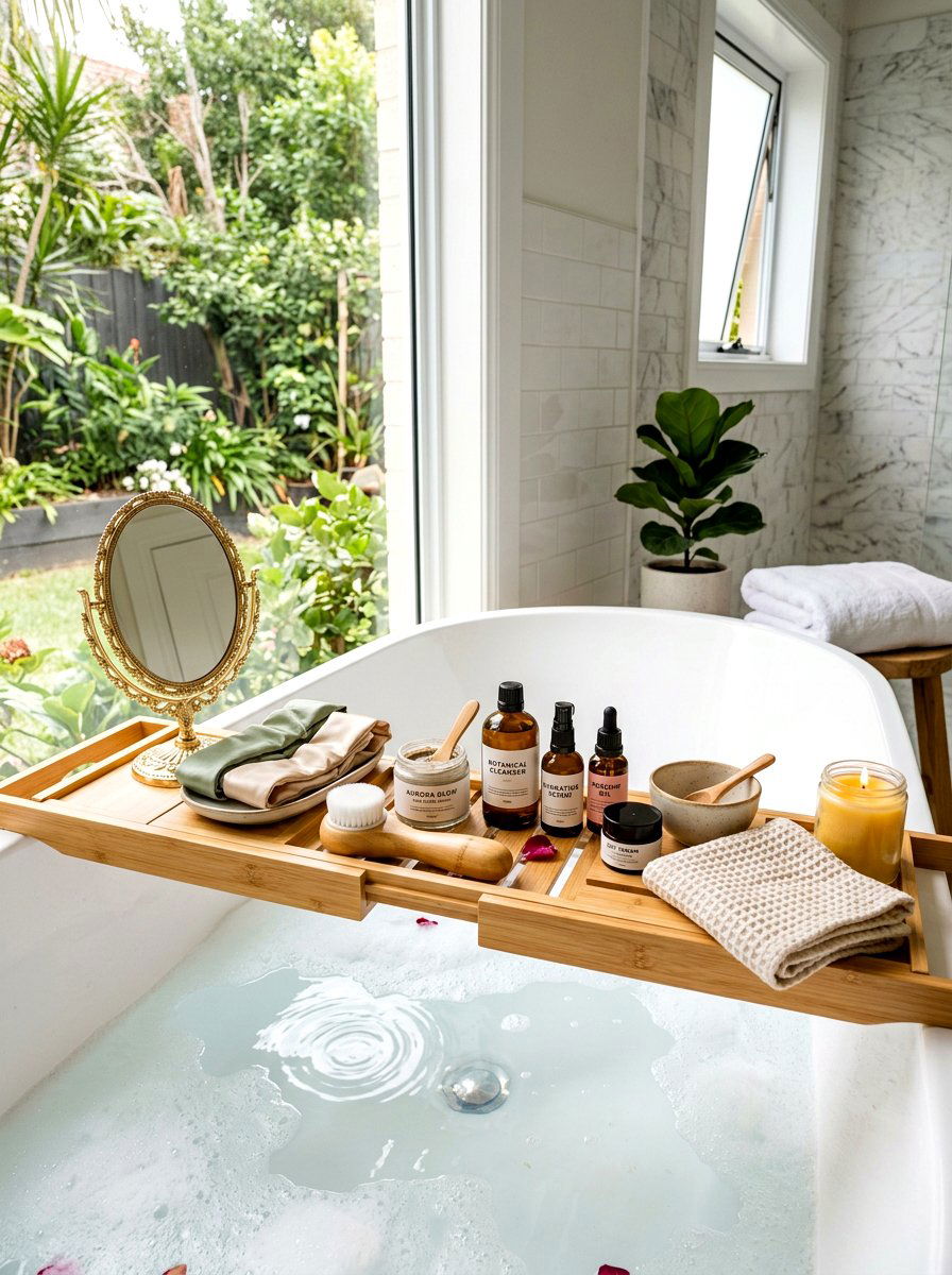 Skincare Bathtub Caddy Layout - 30 bath tray styling ideas