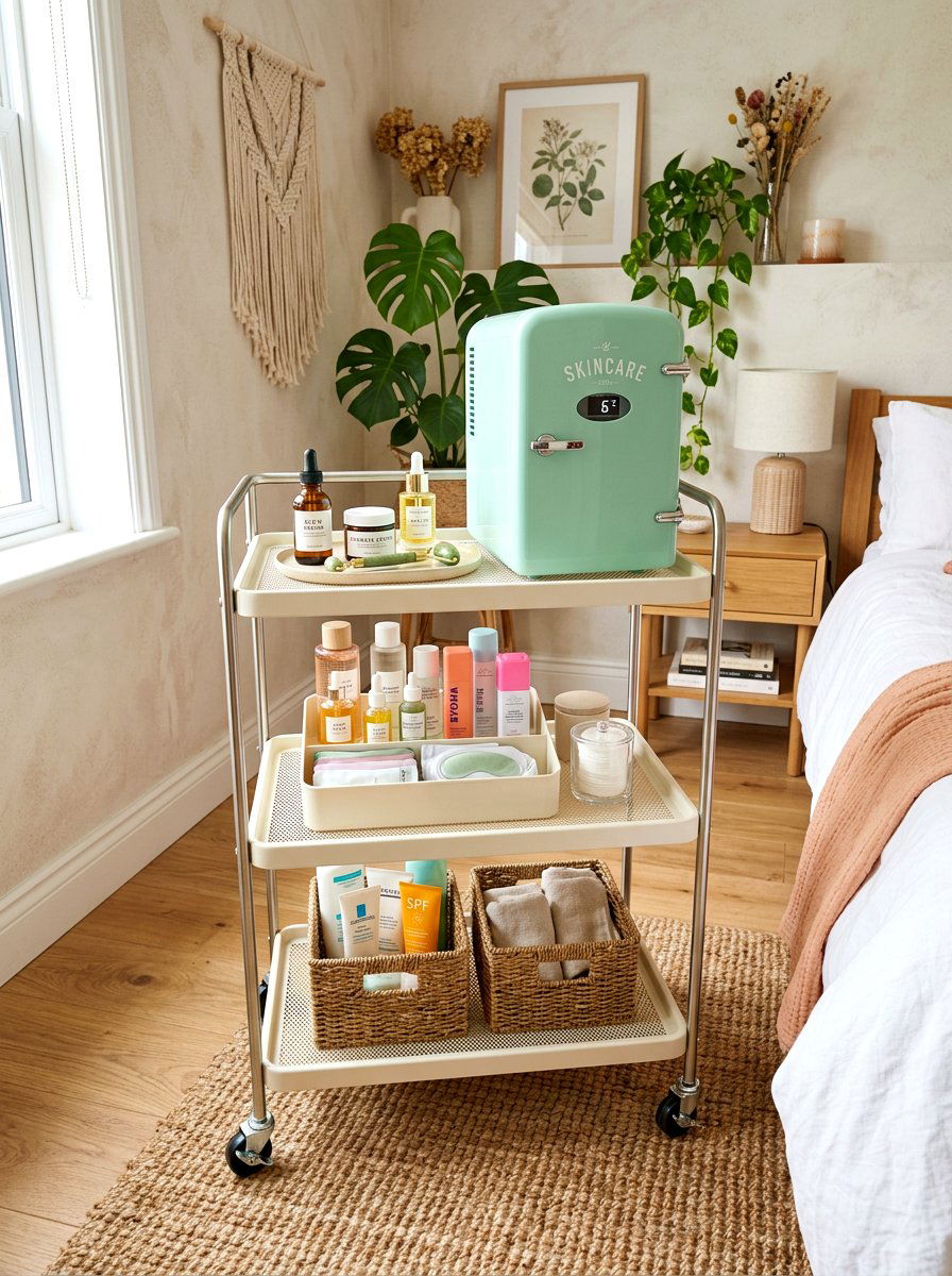 Skincare Fridge On Top Tier Of Cart - 30 beauty cart organization ideas