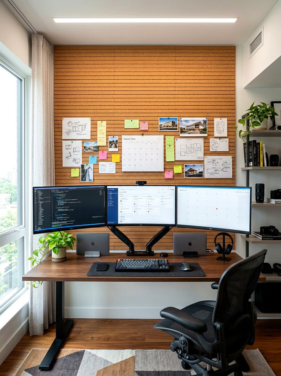 Skinny cork strip wall - 30 pinboard office aesthetic ideas