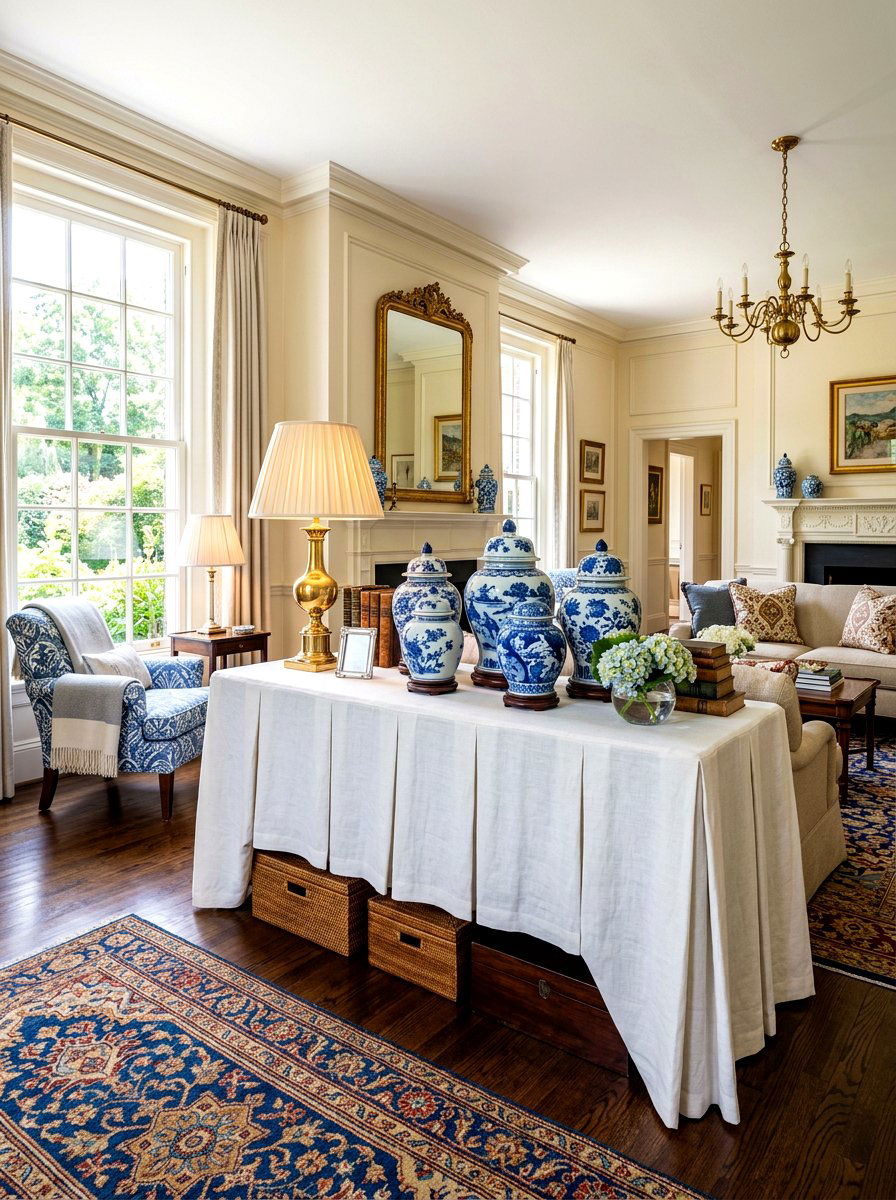Skirted console table - 30 family friendly living room storage ideas