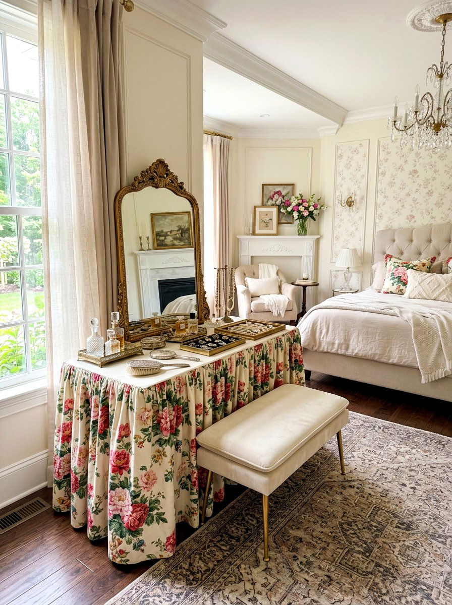 Skirted vanity table - 30 grandma core bedroom ideas