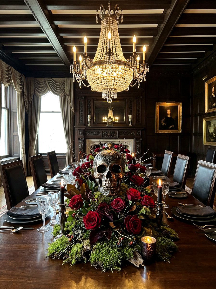 Skull Centerpiece Table - 30 dark romantic Halloween home ideas