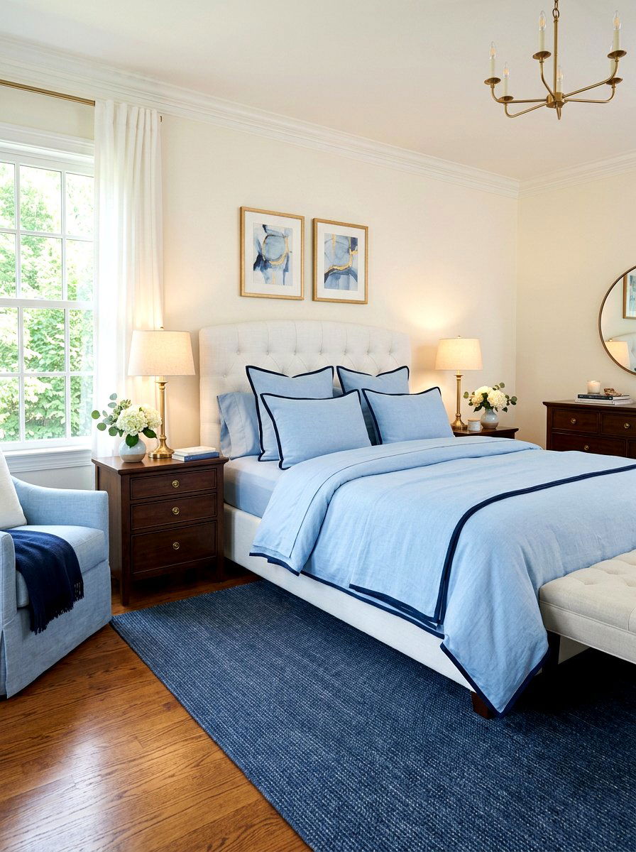 Sky Blue Bedding With Dark Navy Piping - 30 piped bedding bedroom ideas
