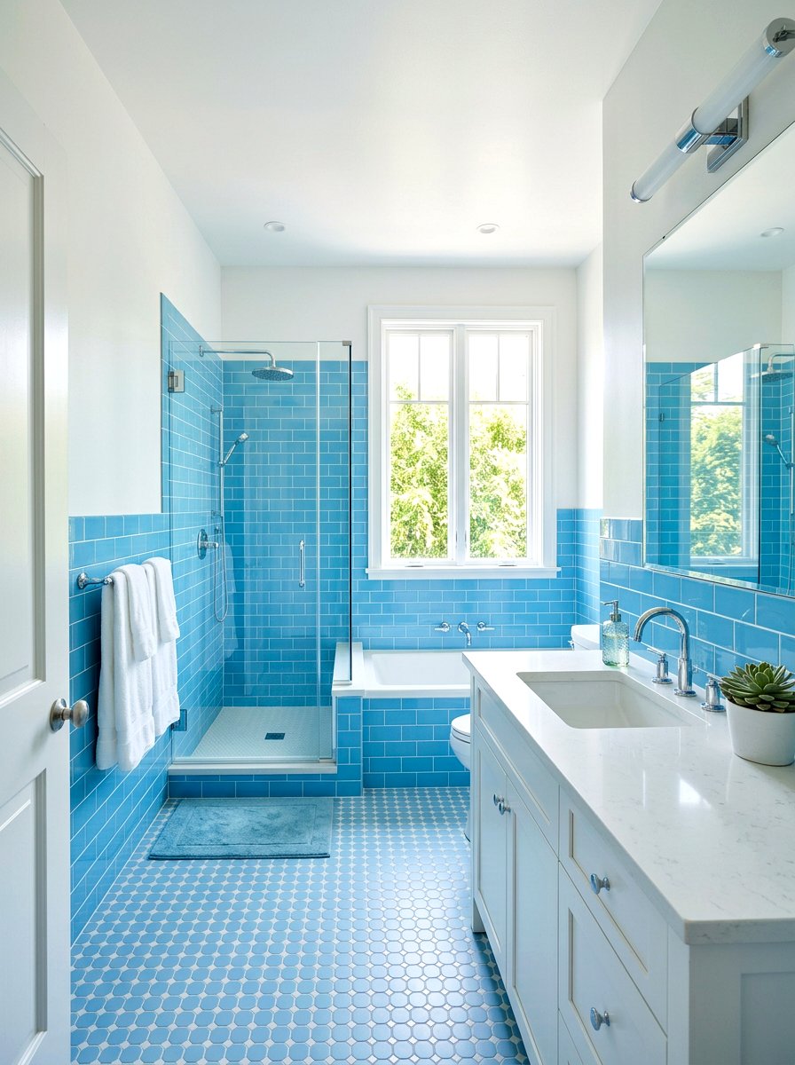 Sky Blue Glazed Tile Bathroom - 30 half tiled bathroom ideas