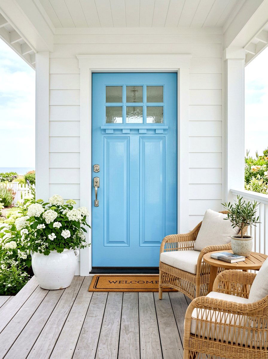 Sky Blue Glossy Entry Door - 30 lacquered front door ideas