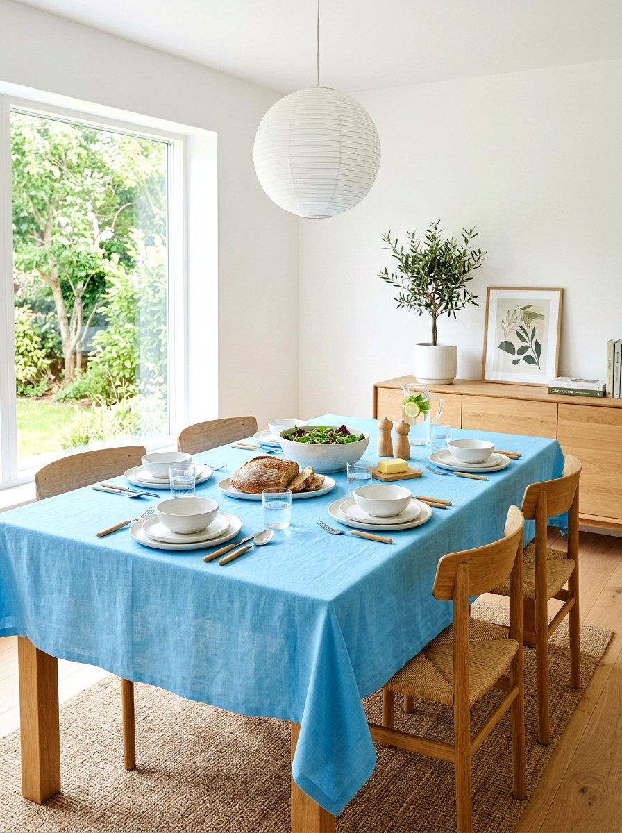 Sky Blue Linen Table - 30 blue and white table decor ideas