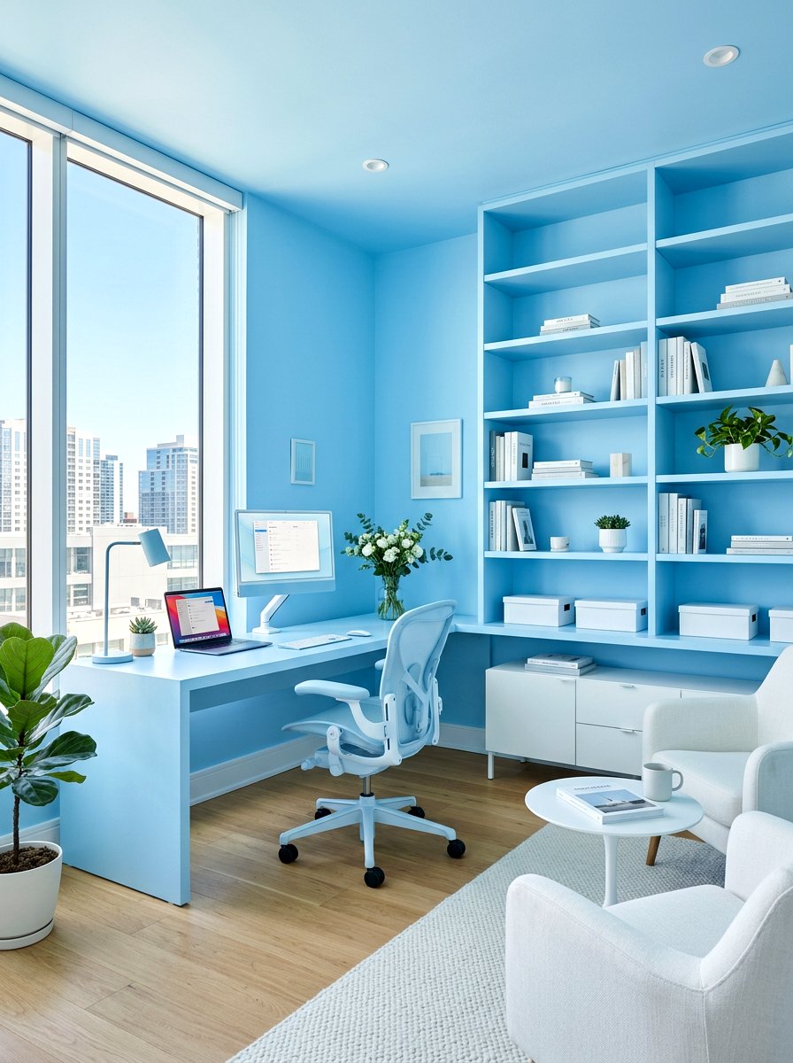 Sky Blue Office - 30 color drenched office ideas