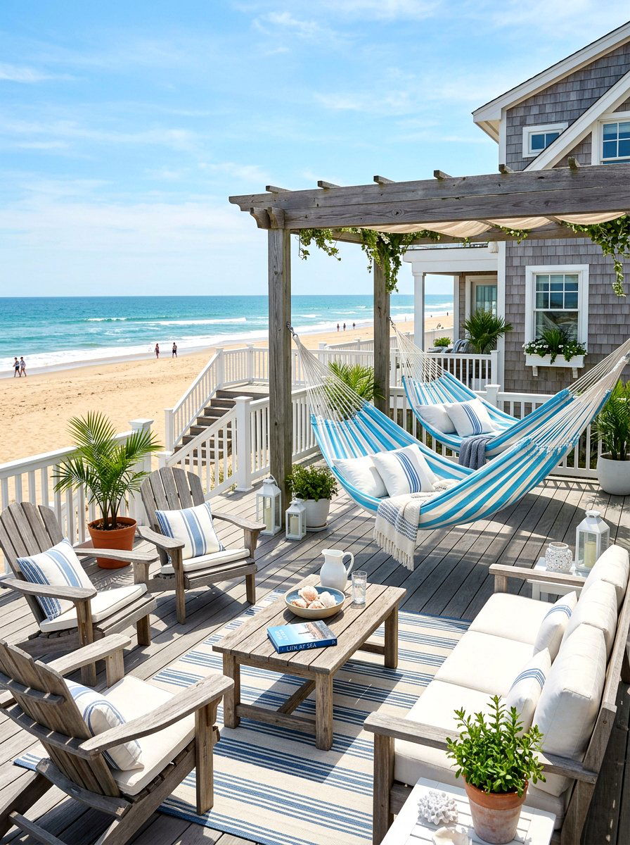 Sky Blue Stripe Beach House Deck - 30 cabana stripe patio ideas