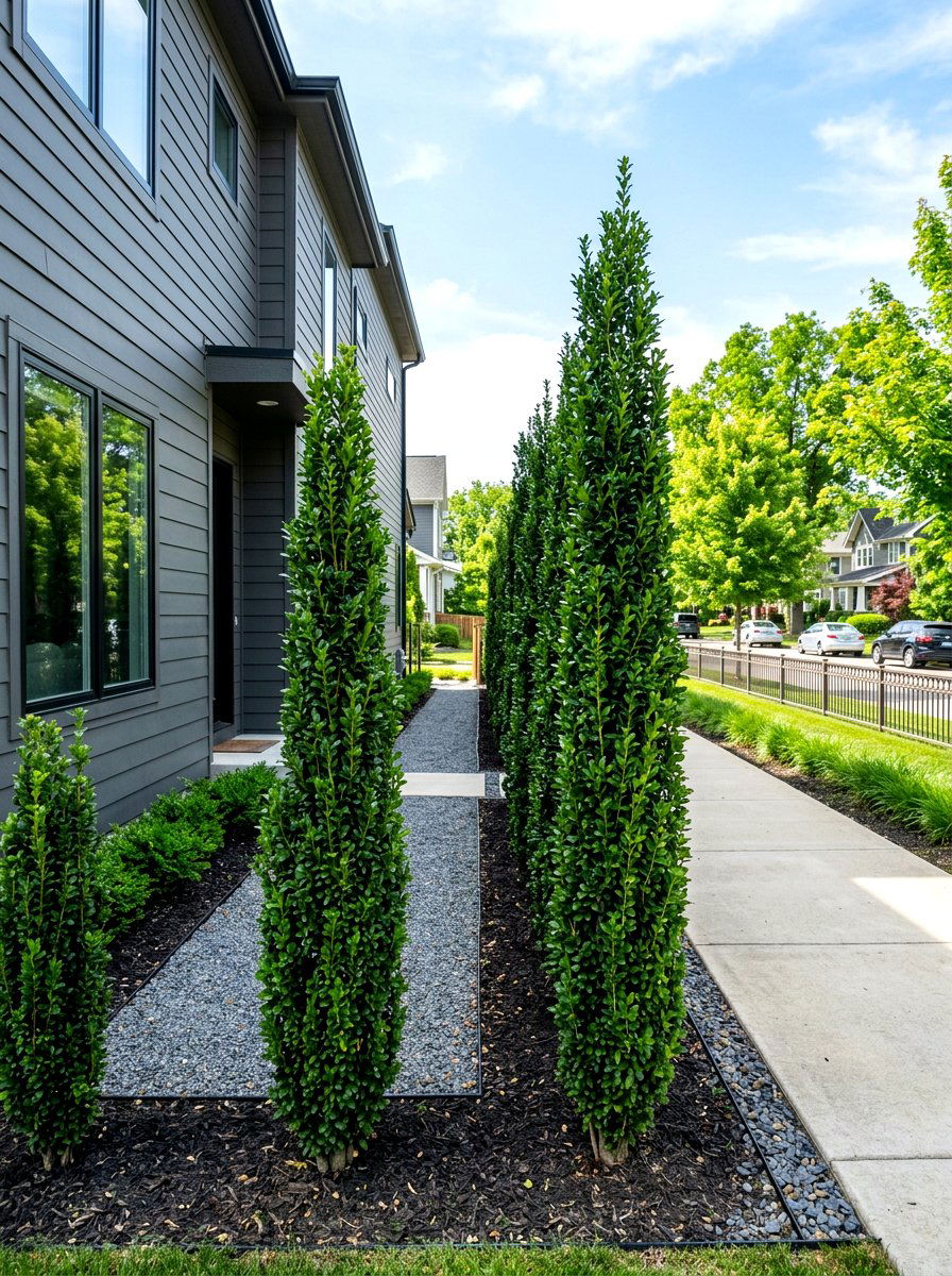 Sky Pencil Holly row - 30 evergreen privacy border ideas