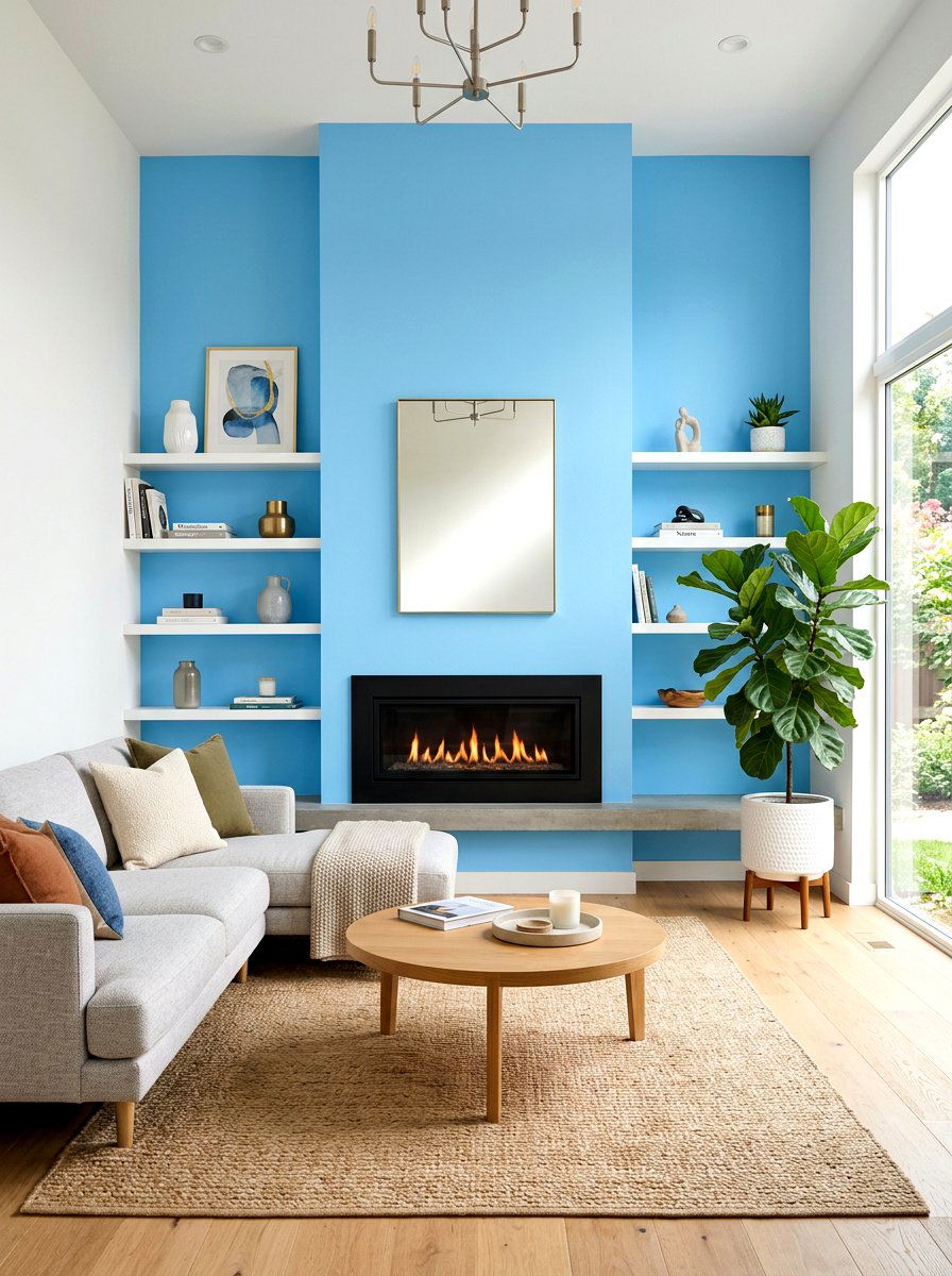 Sky blue accent wall - 30 soft blue living room ideas