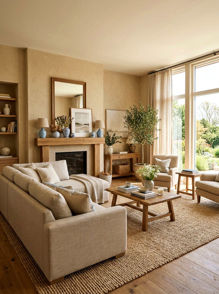 Sky blue accents beige living room - 30 blue and beige living room ideas