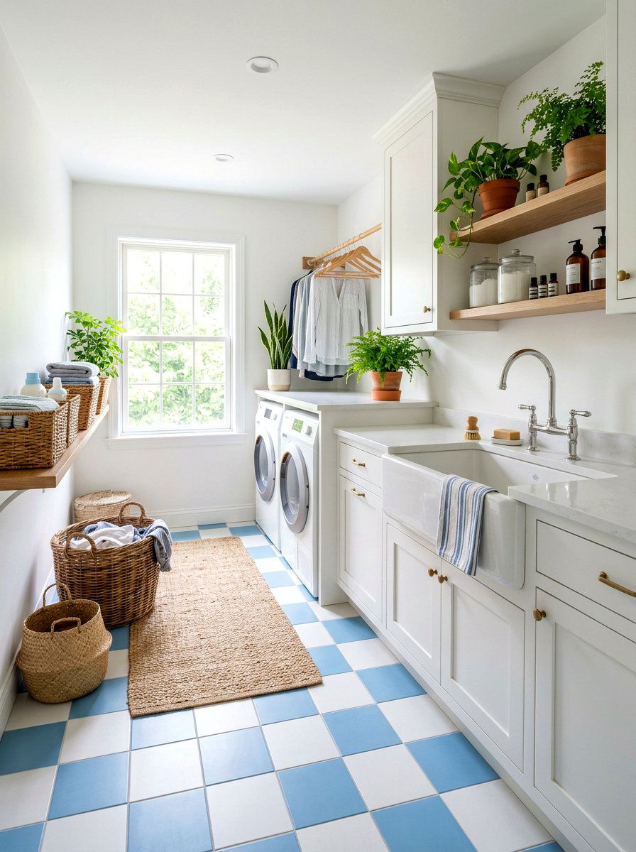 Sky blue and white laundry - 30 peel and stick checkerboard floor ideas