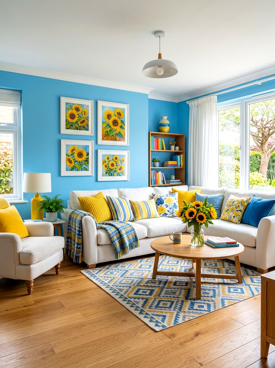 Sky blue and yellow living room - 30 soft blue living room ideas