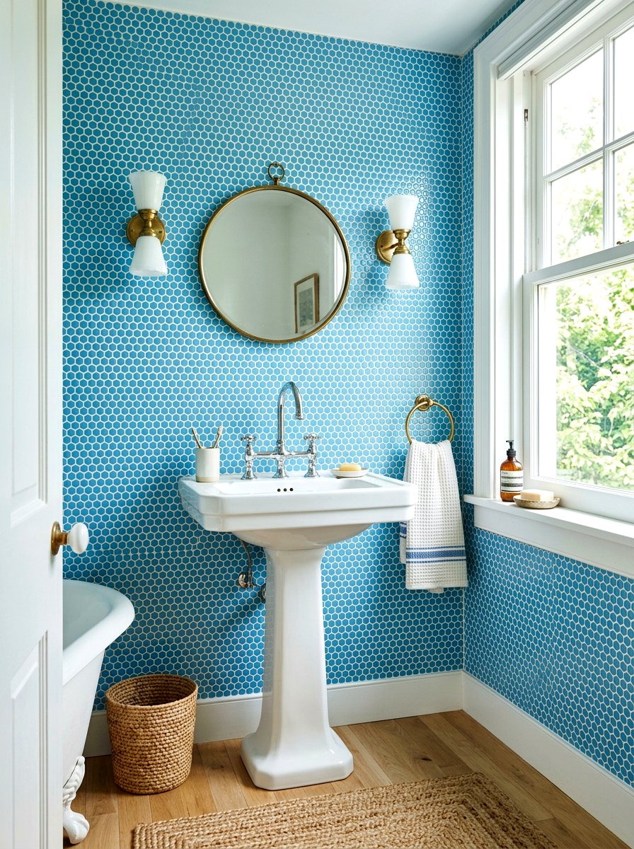 Sky blue penny round wall tile - 30 removable tile bathroom ideas