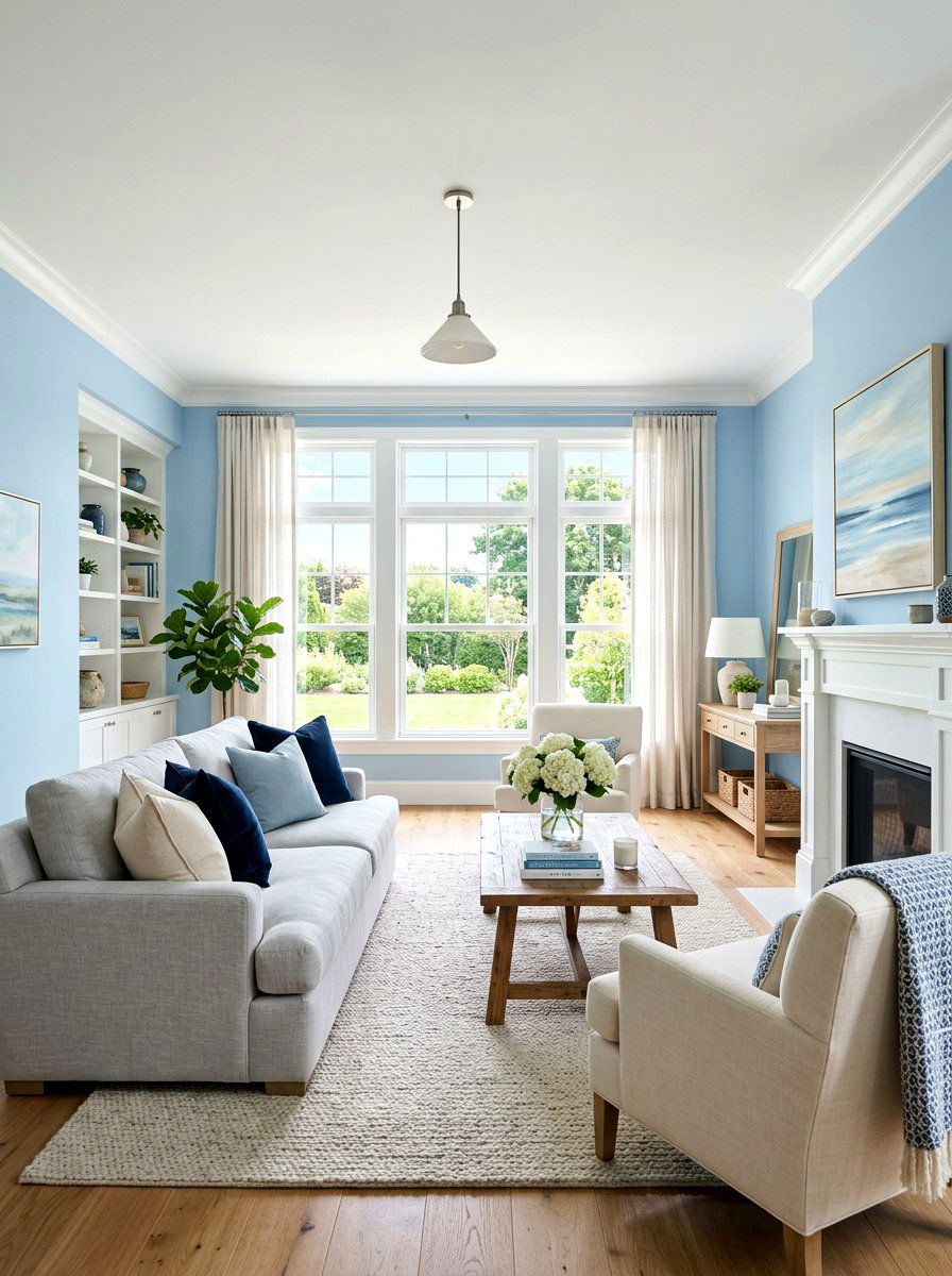 Sky blue walls - 30 blue and white living room decor ideas