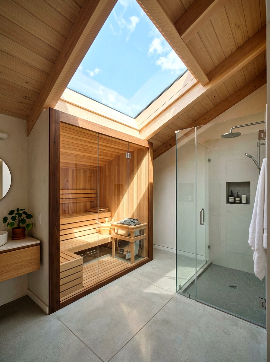 Skylight Above Bathroom Sauna - 30 sauna inspired bathroom ideas